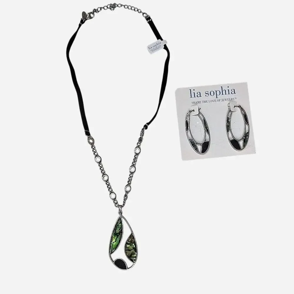 NWT Lia Sophia Abalone & Black Enamel Silver Tone Necklace & Earring Set